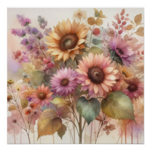 Poster Fleurs d'automne et tournesols pastels d'aquarelle