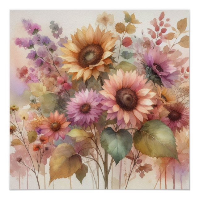 Poster Fleurs d'automne et tournesols pastels d'aquarelle (Devant)