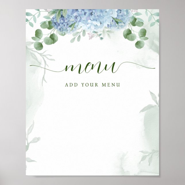 Poster Fleurs de Baby Shower Menu Hortensia Bleu (Devant)