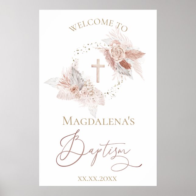 Poster fleurs de boho Baptême signe de bienvenue (Devant)