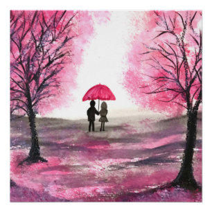 Poster Fleurs de cerisier rustique Amour couple Parapluie