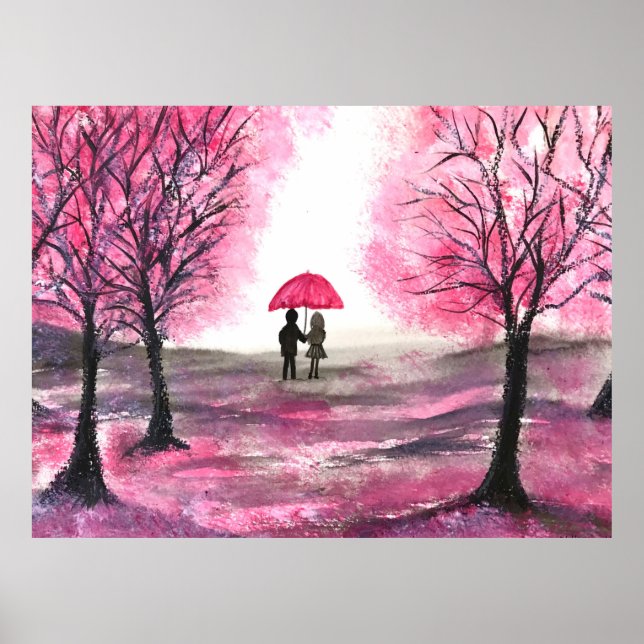 Poster Fleurs de cerisier rustique Amour couple Parapluie (Devant)