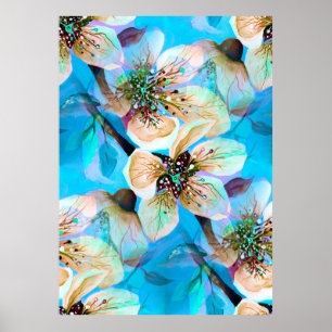 Poster Fleurs de cerisier Sakura japonaises en bleu Aqua