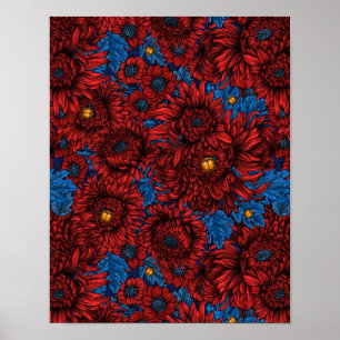 Poster Fleurs de chrysanthème rouge et coléoptères orange