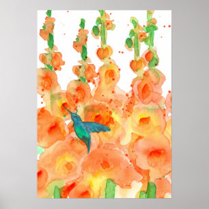Poster Fleurs de colibri Orange Hollyhocks