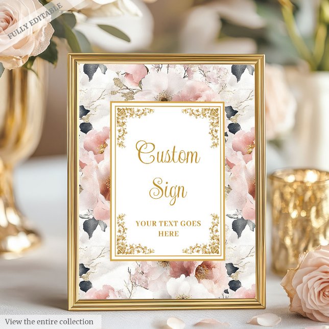 Poster Fleurs de couleur pâle et panneau personnalisé mar (Dainty blush flowers and gold wedding custom sign)
