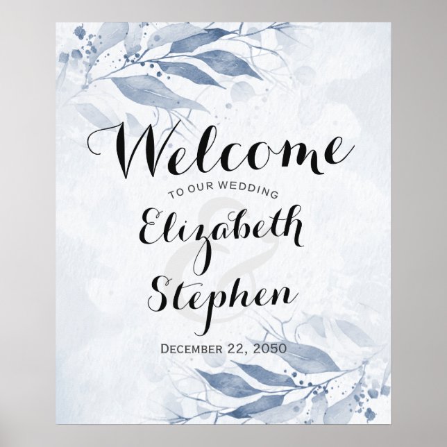Poster Fleurs de feuilles d'aquarelle bleue Chic Bienvenu (Devant)