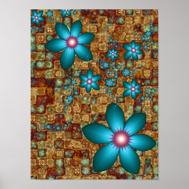 Poster Fleurs de fractale turquoise (Devant)
