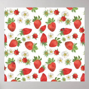 Poster Fleurs de fraises : Aquarelle Art sans fil
