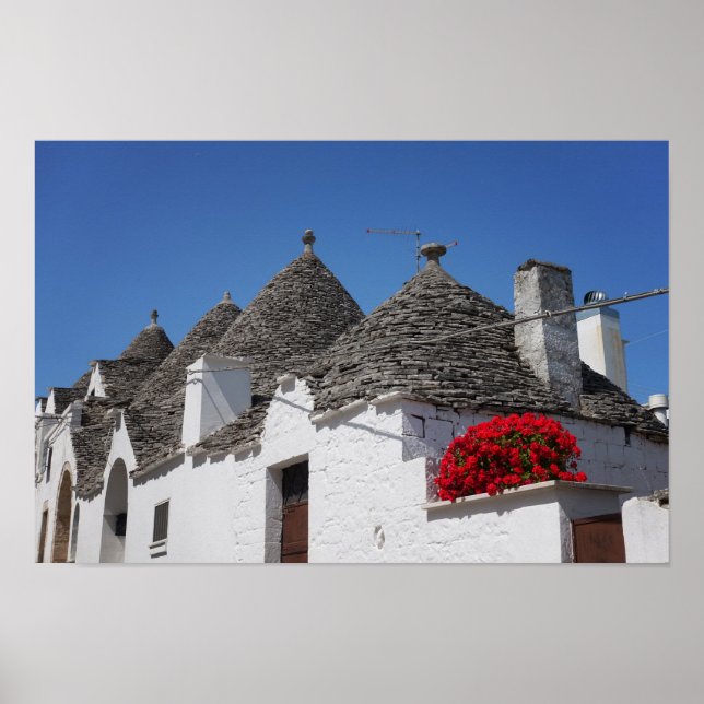 Poster Fleurs de géranium et maisons de trulli à Alberobe (Devant)