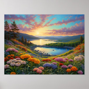 Poster Fleurs de lac de montagne colorées Art