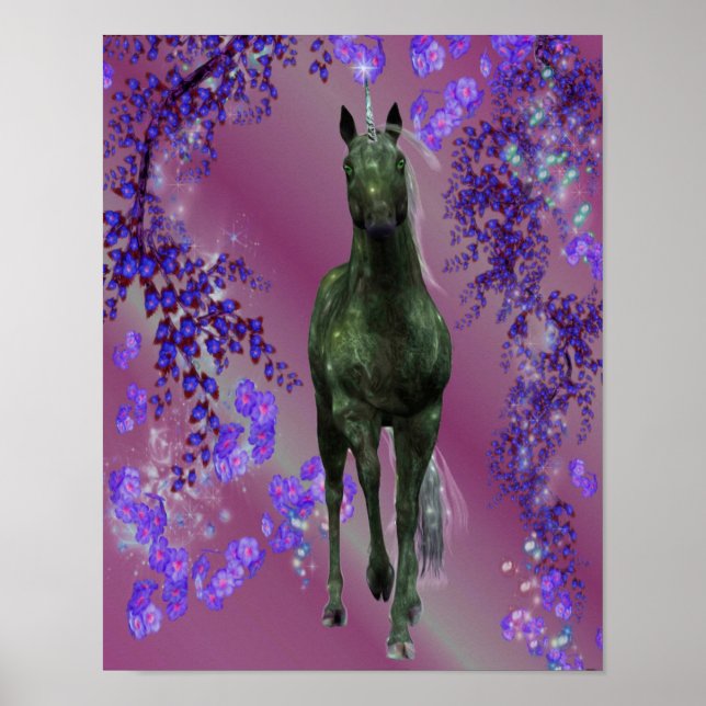 Poster Fleurs de licorne noire Imaginaire Cheval Art (Devant)