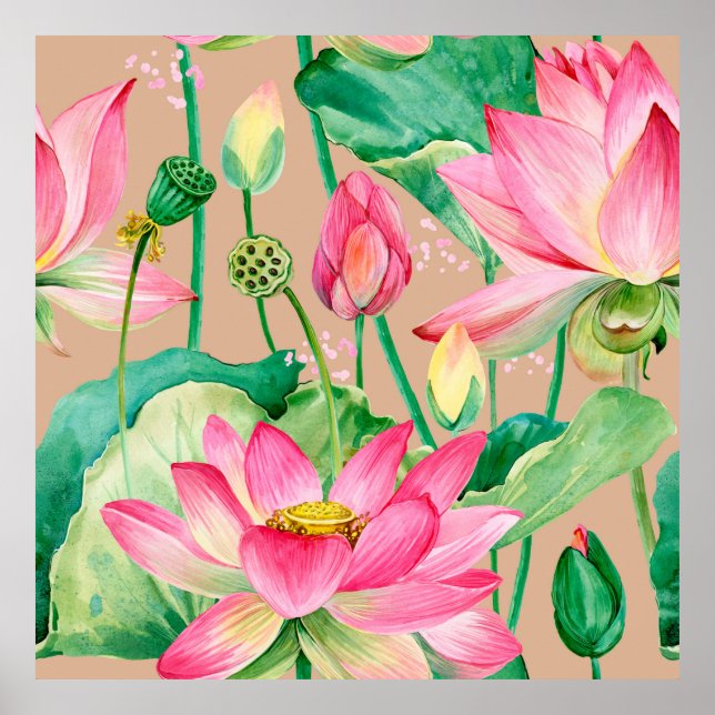 Poster fleurs de lotus sans couture motif. aquarelle bota (Devant)