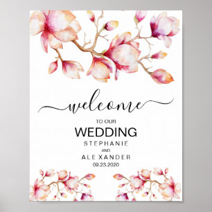 Poster Fleurs de Magnolia rose Aquarelle