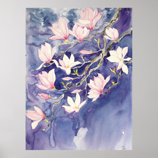 Poster fleurs de magnolia rose en arrière - plan violet (Devant)