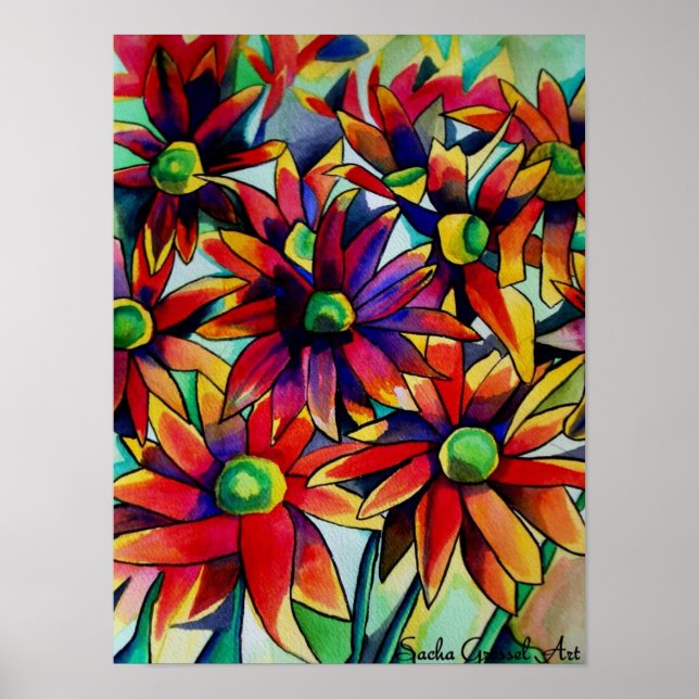 Poster Fleurs de paille marguerite art original aquarelle (Devant)