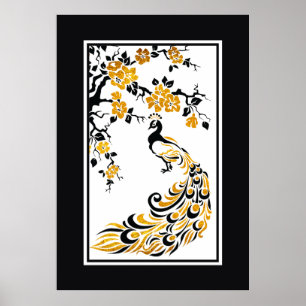 Poster Fleurs de paons noirs, oranges et cerisiers
