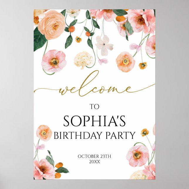 Poster Fleurs de pavot rose Accueil de fête d'anniversair (Devant)