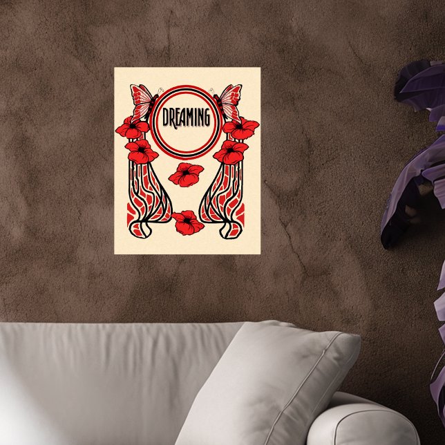 Poster Fleurs de pavot rouge Papillon Rêve Abstrait (Abstract bold design red Black with butterflies and flowers with Dreaming text on cream wall poster.)