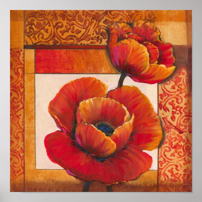Poster Fleurs de pavot sur Tan et Arrière - plan orange (Devant)