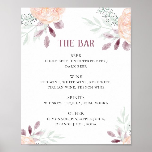 Poster Fleurs de pêche à l'aquarelle. Boissons du bar mar (Devant)