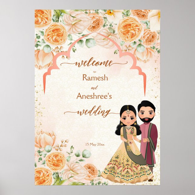 Poster Fleurs de pêche mignonne couple de mariés indiens  (Devant)