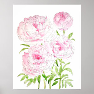 Poster fleurs de pivoine rose aquarelle et encre