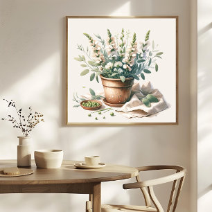 Poster Fleurs de pois doux et de sage dans un pot d'argil