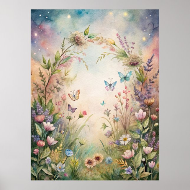 Poster Fleurs de prairie et papillons (Devant)
