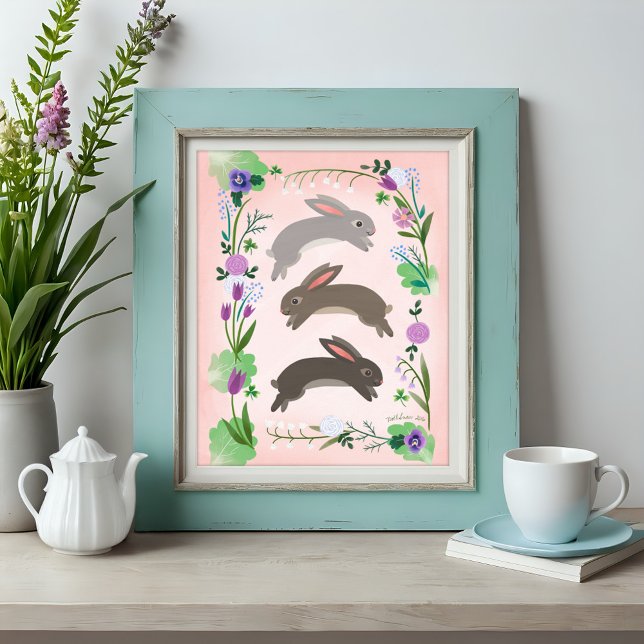 Poster Fleurs de printemps et lapins bondissants | (Créateur téléchargé)