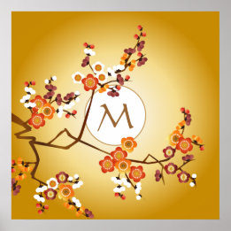 Poster Fleurs de prune japonaise Lune Or Orange Rouge Bra