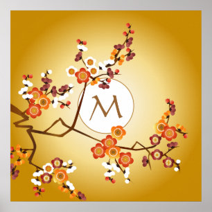 Poster Fleurs de prune japonaise Lune Or Orange Rouge Bra