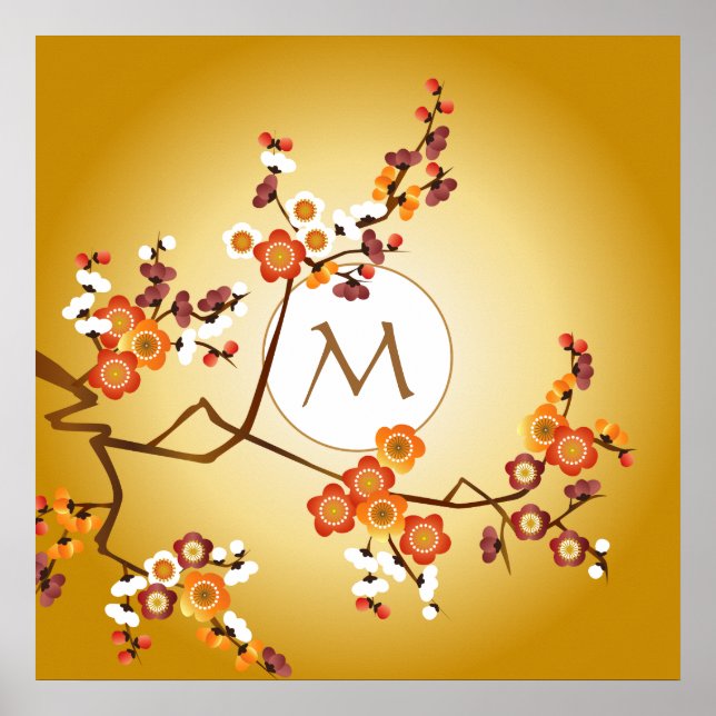 Poster Fleurs de prune japonaise Lune Or Orange Rouge Bra (Devant)