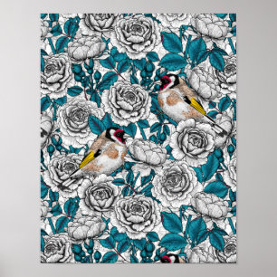 Poster Fleurs de roses blanches et oiseaux d'or