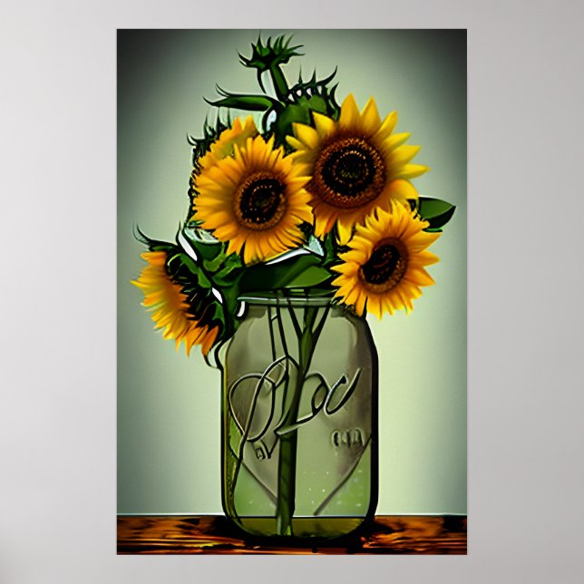 Poster Fleurs de soleil Abstraites dans Vase de verre (Devant)