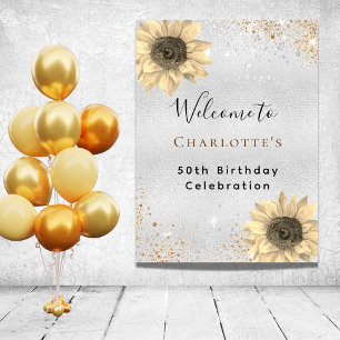 Poster Fleurs de soleil d'anniversaire argent or parties