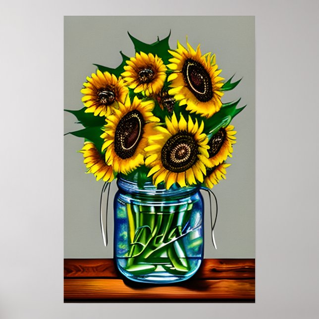 Poster Fleurs de soleil dans Vase de verre (Devant)