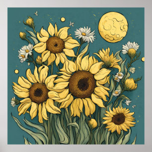 Poster Fleurs de soleil en Pleine lune Van Gogh Style Flo