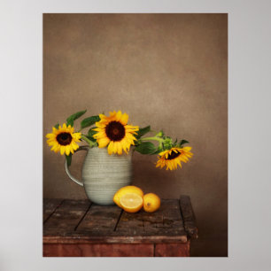 Poster Fleurs de soleil et citrons rustiques