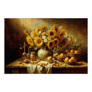 Poster Fleurs de soleil et fruits à vie morte peinture dé