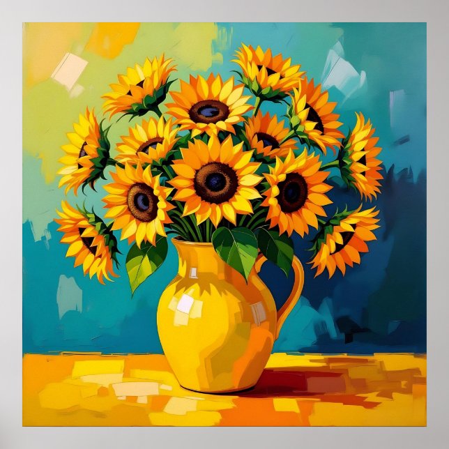 Poster Fleurs de soleil jaunes dans un vase jaune (Devant)