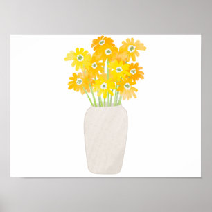 Poster Fleurs de soleil jaunes dans Vase blanc Aquarelle