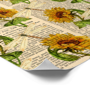 Poster Fleurs de soleil libellules vieux journal style pa