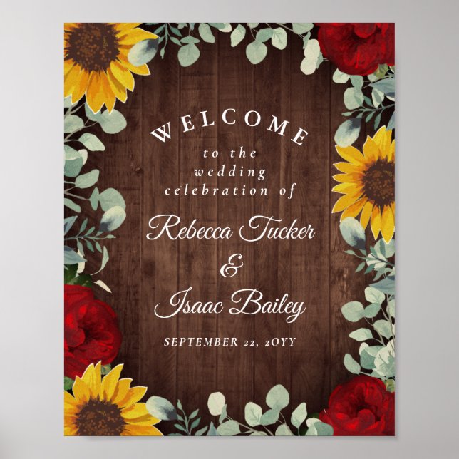 Poster Fleurs de soleil rustiques Roses rouges Mariage Bi (Devant)
