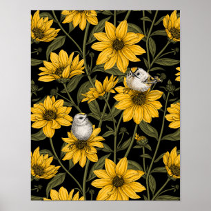 Poster Fleurs de soleil sauvages et oiseaux de crête doré