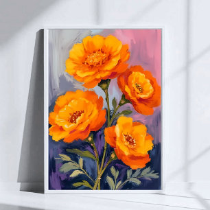 Poster Fleurs de Tagète Orange Peinture Florale Aquarelle