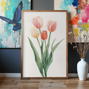Poster Fleurs de Tulipes Pastel Art Botanique à l'Aquarel