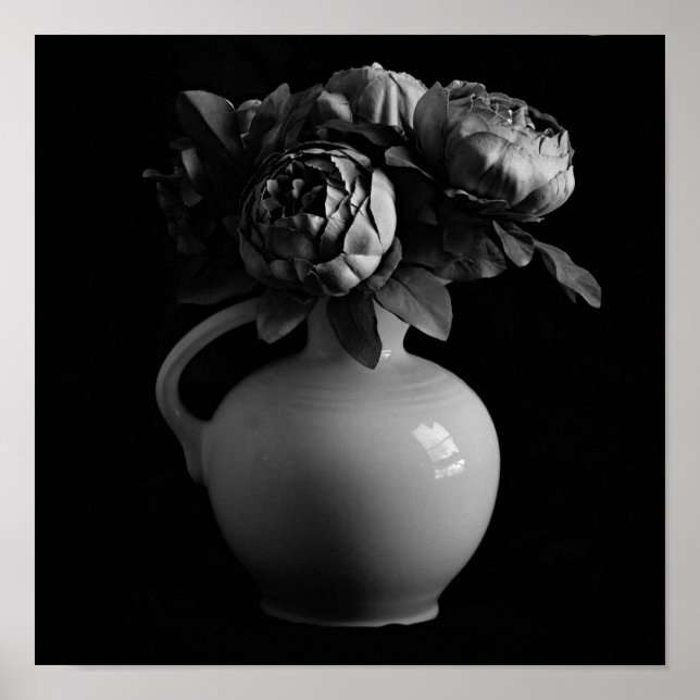Poster Fleurs de vase et de pivoine Art noir et blanc Imp (Devant)