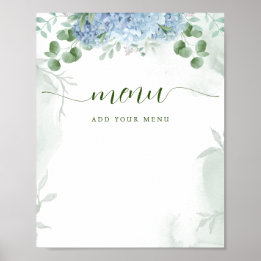 Poster Fleurs de verdure Hydrangea bleu Menu Baby Shower