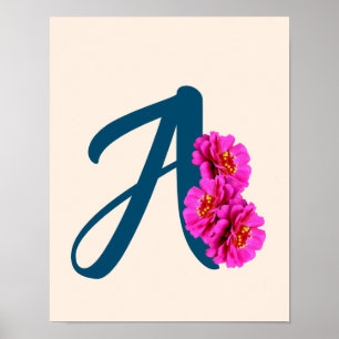 Poster Fleurs de Zinnia Monogramme Initial A 